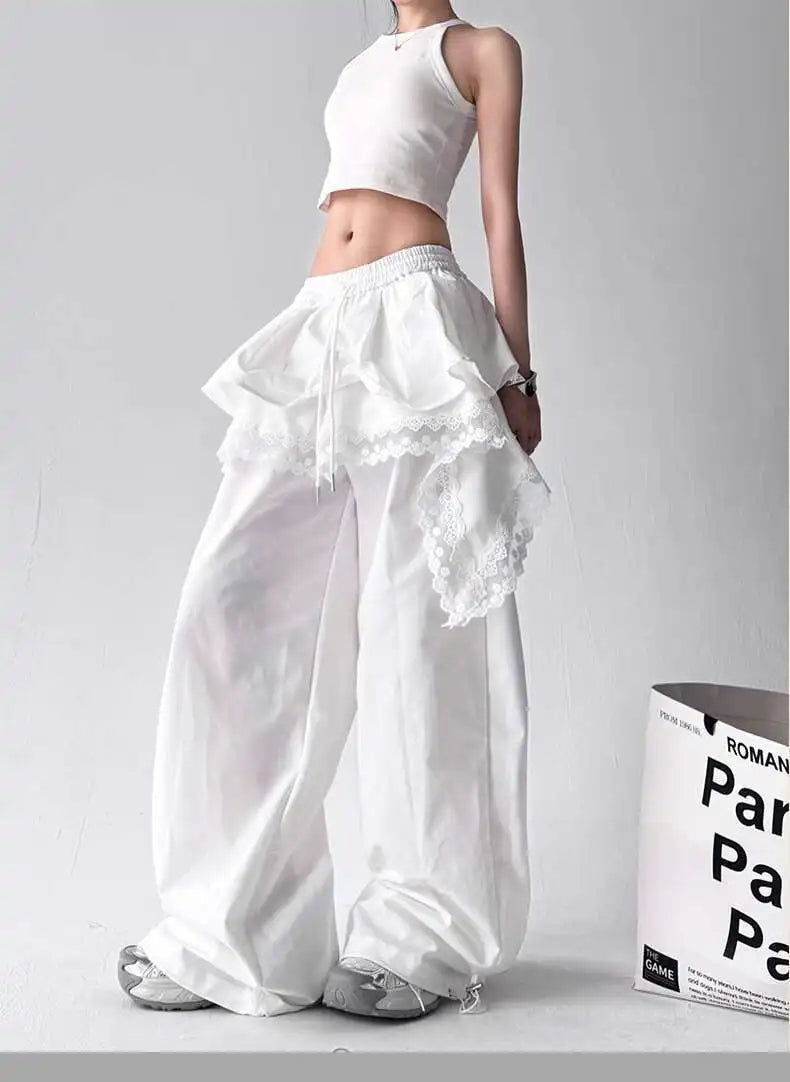 Black Cargo Pants - Lace Patchwork Wide Leg Streetwear Trousers for Women, Harajuku Fashion and Korean Gyaru Style