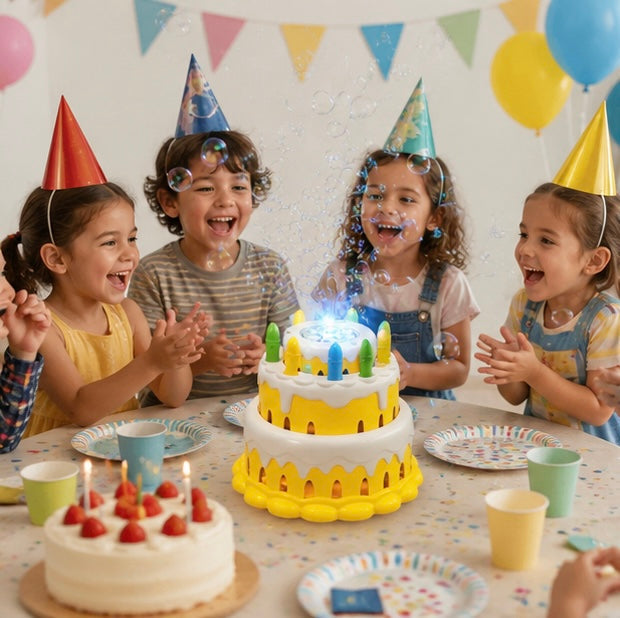 Kawaii Birthday Cake Bubble Machine - Electric Bubble Maker with Music and Lights for Kids Parties and Outdoor Play