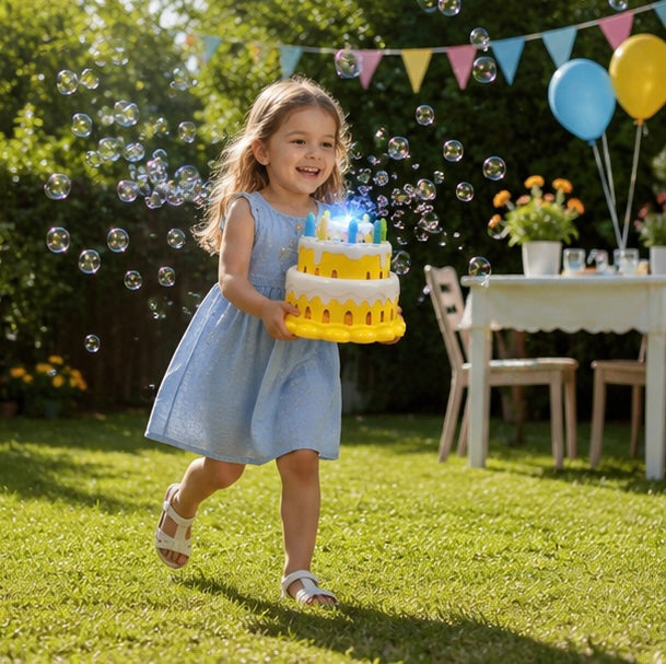 Kawaii Birthday Cake Bubble Machine - Electric Bubble Maker with Music and Lights for Kids Parties and Outdoor Play