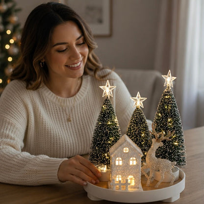 Light Up Christmas Snow House – Glowing Elk Village Ornament for Holiday Displays and Seasonal Decoration