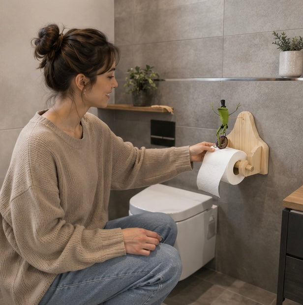 Frog Bicycle Toilet Paper Holder - Creative Wooden Tissue Roll Rack for Bathrooms, Farmhouse Decor and Fun Home Accents