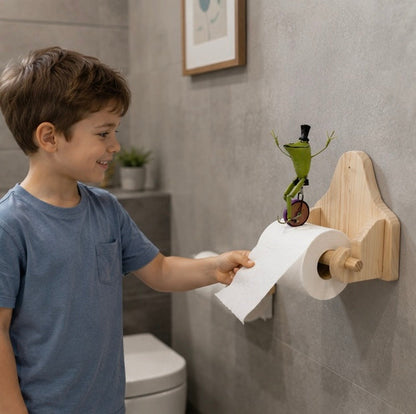 Frog Bicycle Toilet Paper Holder - Creative Wooden Tissue Roll Rack for Bathrooms, Farmhouse Decor and Fun Home Accents