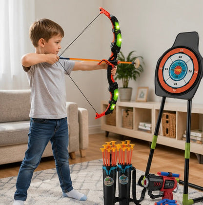 Archery Toy Set - Kids Bow and Arrow Game with Target Board, Night Lights and Indoor Outdoor Family Fun