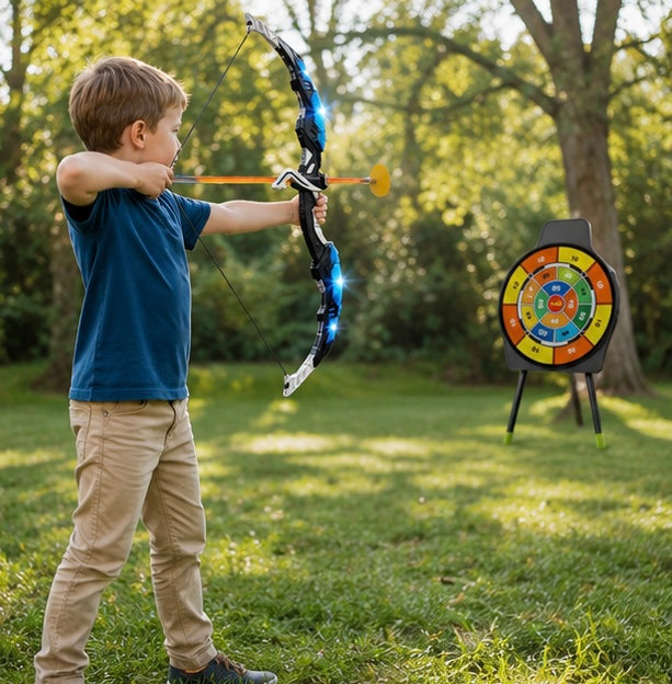 Archery Toy Set - Kids Bow and Arrow Game with Target Board, Night Lights and Indoor Outdoor Family Fun