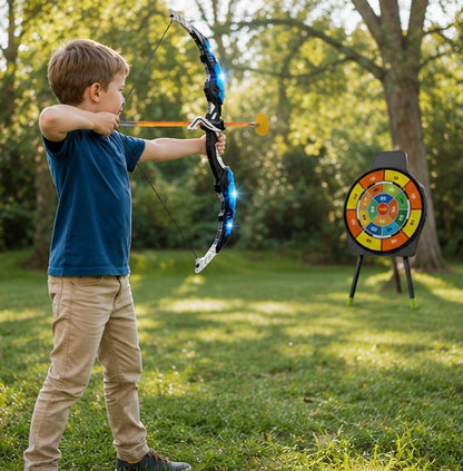 Archery Toy Set - Kids Bow and Arrow Game with Target Board, Night Lights and Indoor Outdoor Family Fun