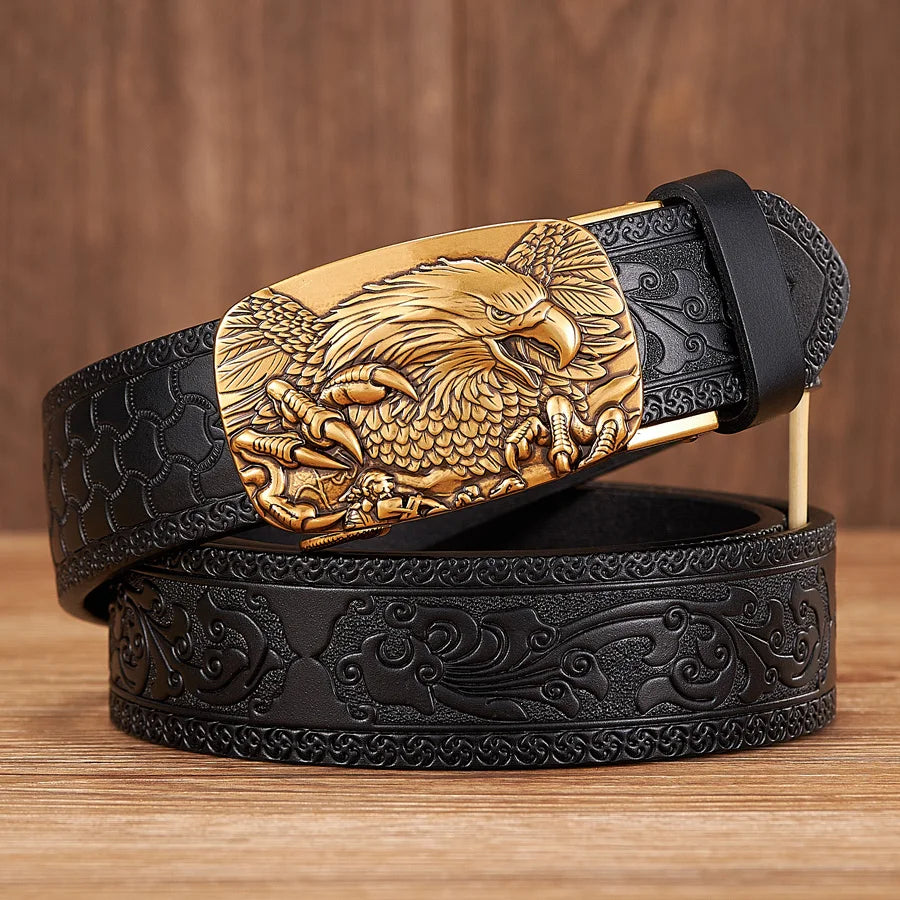 Genuine Leather Men's Belt - Automatic Buckle Cowhide Waist Strap for Business Wear, Jeans and Formal Occasions