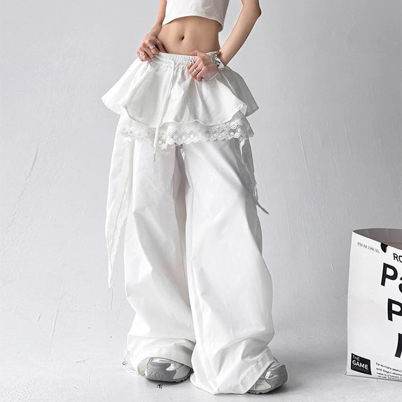 Black Cargo Pants - Lace Patchwork Wide Leg Streetwear Trousers for Women, Harajuku Fashion and Korean Gyaru Style