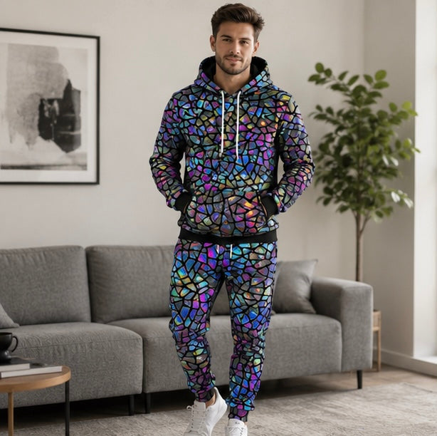 Men's Hoodie Tracksuit Set - Shiny Print Sweatshirt and Jogger Outfit for Sports and Casual Fashion