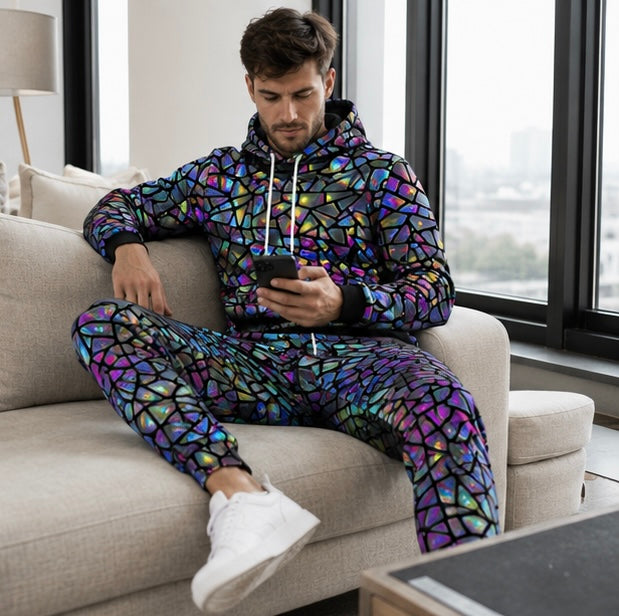 Men's Hoodie Tracksuit Set - Shiny Print Sweatshirt and Jogger Outfit for Sports and Casual Fashion