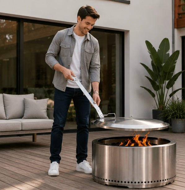 Ergonomic Fire Pit Lid Lifter Tool - Stainless Steel Hook Handle for Safe Fire Pit Cover Removal and Outdoor Cooking