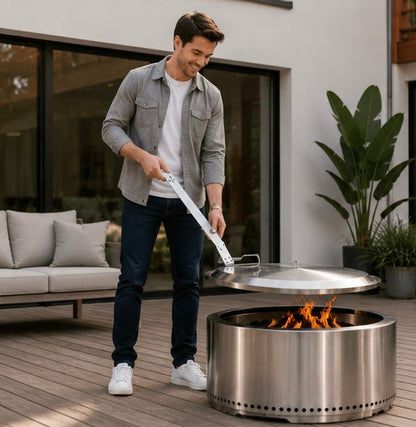 Ergonomic Fire Pit Lid Lifter Tool - Stainless Steel Hook Handle for Safe Fire Pit Cover Removal and Outdoor Cooking