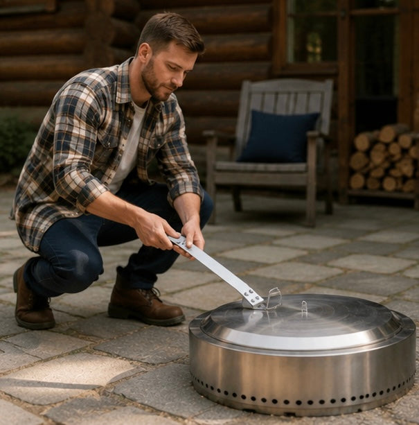 Ergonomic Fire Pit Lid Lifter Tool - Stainless Steel Hook Handle for Safe Fire Pit Cover Removal and Outdoor Cooking