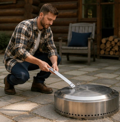 Ergonomic Fire Pit Lid Lifter Tool - Stainless Steel Hook Handle for Safe Fire Pit Cover Removal and Outdoor Cooking