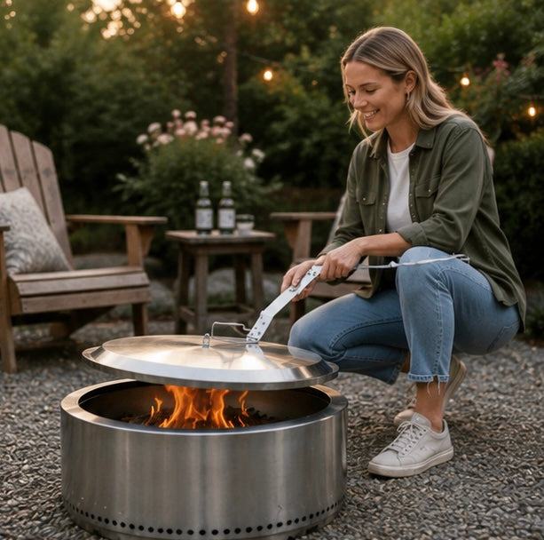 Ergonomic Fire Pit Lid Lifter Tool - Stainless Steel Hook Handle for Safe Fire Pit Cover Removal and Outdoor Cooking
