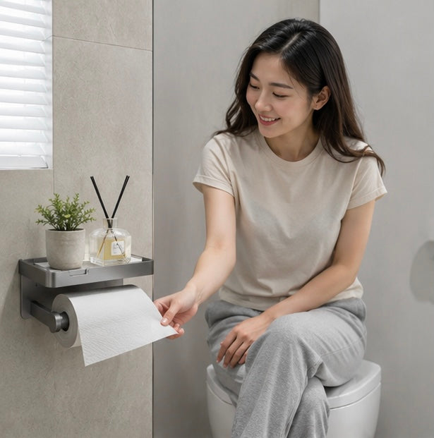 Wall Mounted Toilet Paper Holder – Bathroom Tissue Roll Organizer with Storage Shelf and Convenient Phone Stand