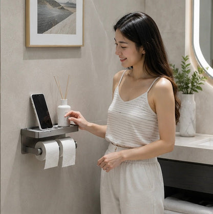 Wall Mounted Toilet Paper Holder – Bathroom Tissue Roll Organizer with Storage Shelf and Convenient Phone Stand