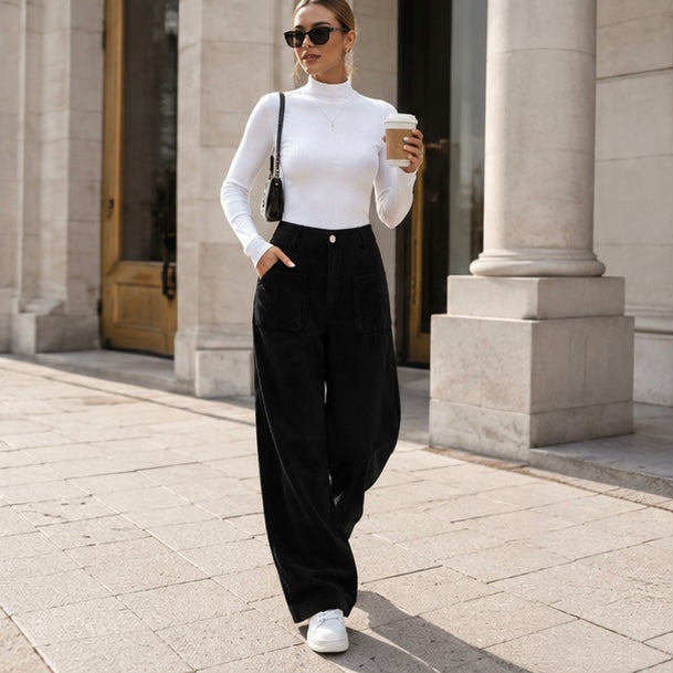 Women's High Waist Corduroy Pants - Wide Leg Relaxed Fit Trousers with Pockets for Fall Winter Casual Fashion