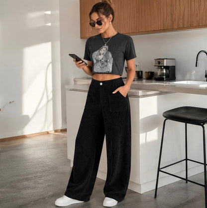 Women's High Waist Corduroy Pants - Wide Leg Relaxed Fit Trousers with Pockets for Fall Winter Casual Fashion