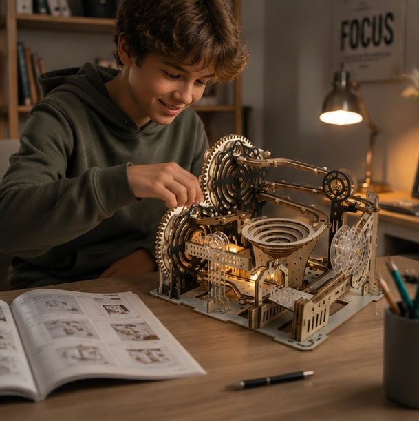 Electric 3D Wooden Marble Run Puzzle - DIY Mechanical Model Kit Brain Teaser for Adults, Kids and Creative Gift Giving