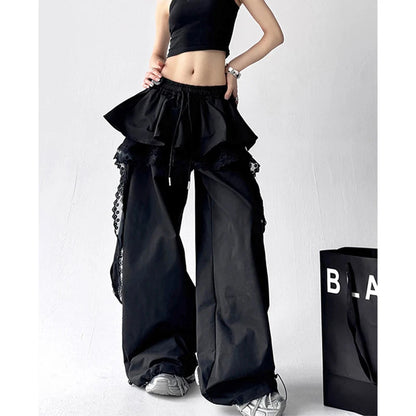 Black Cargo Pants - Lace Patchwork Wide Leg Streetwear Trousers for Women, Harajuku Fashion and Korean Gyaru Style