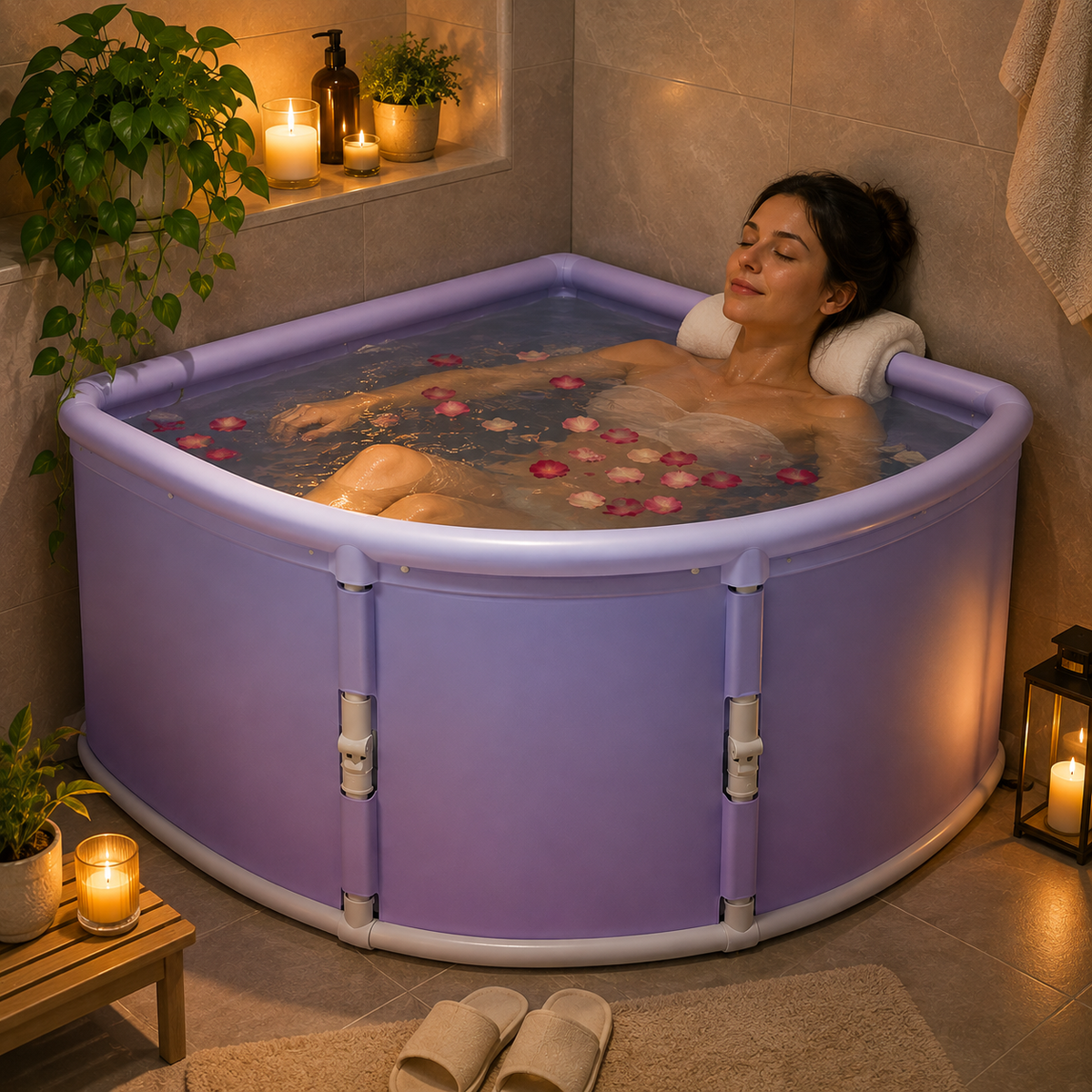 Triangular Portable Folding Bath Tub – Full Body Adult Soaking Bathtub with Space-Saving Foldable Design for Home Spa, Hot Baths and Relaxation