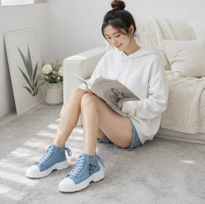 Women's High Top Denim Sneakers - Platform Casual Shoes with Breathable Design and Height Boosting Comfort