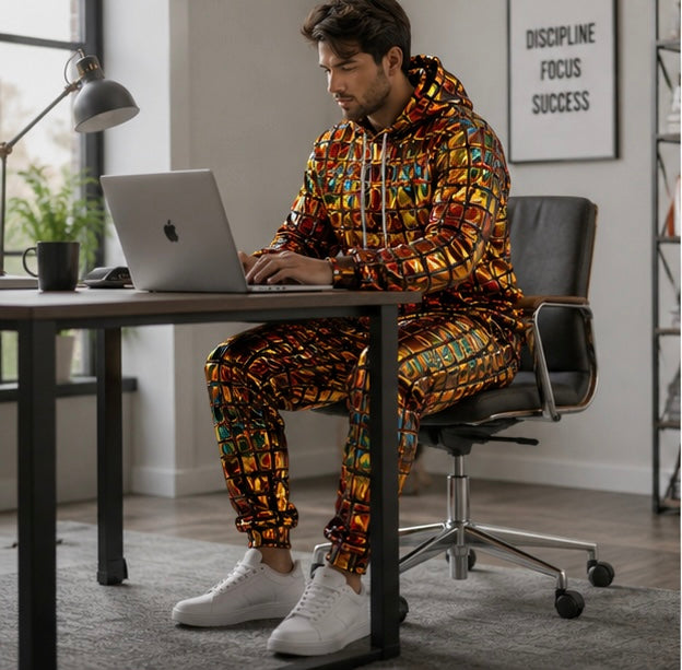 Men's Hoodie Tracksuit Set - Shiny Print Sweatshirt and Jogger Outfit for Sports and Casual Fashion
