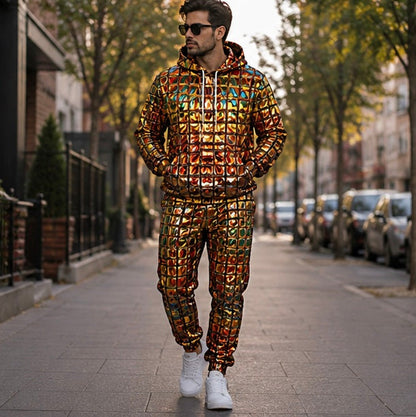 Men's Hoodie Tracksuit Set - Shiny Print Sweatshirt and Jogger Outfit for Sports and Casual Fashion