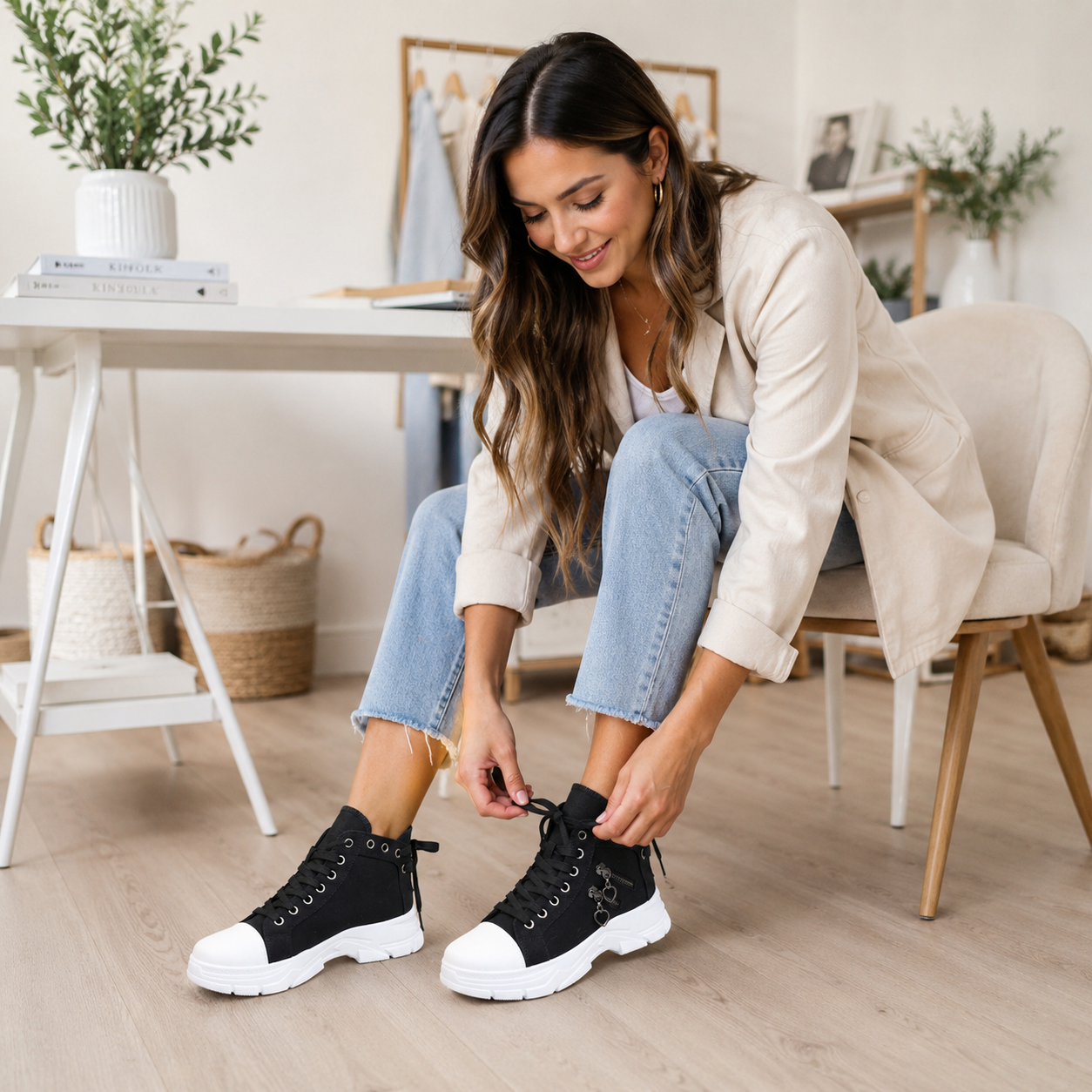 Women's High Top Denim Sneakers - Platform Casual Shoes with Breathable Design and Height Boosting Comfort