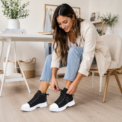 Women's High Top Denim Sneakers - Platform Casual Shoes with Breathable Design and Height Boosting Comfort