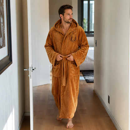 Men's Hooded Flannel Bathrobe - Thick Winter Dressing Gown for Home Comfort and Relaxing Evenings