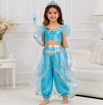 Kid's Arabian Princess Costume Dress - Jasmine Inspired Halloween Outfit for Girls with Sequins for Parties and Cosplay Events