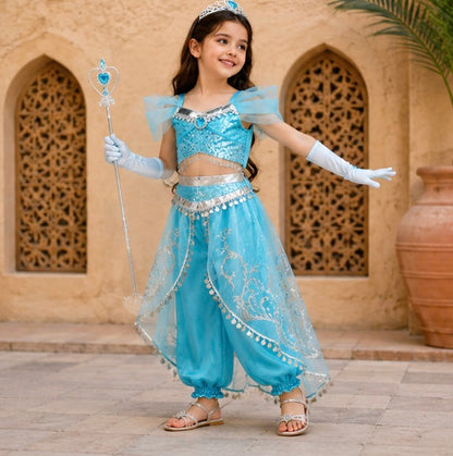 Kid's Arabian Princess Costume Dress - Jasmine Inspired Halloween Outfit for Girls with Sequins for Parties and Cosplay Events