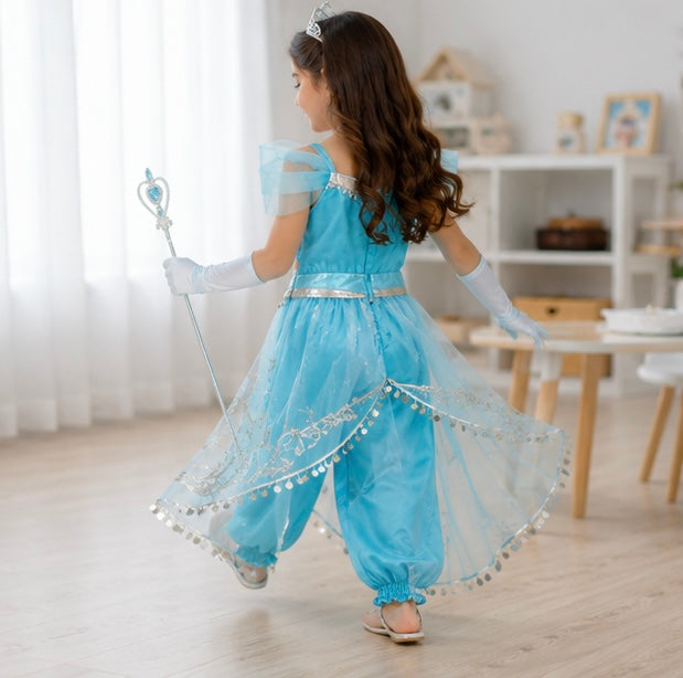 Kid's Arabian Princess Costume Dress - Jasmine Inspired Halloween Outfit for Girls with Sequins for Parties and Cosplay Events