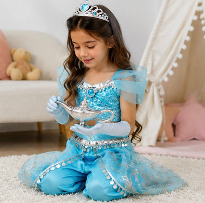Kid's Arabian Princess Costume Dress - Jasmine Inspired Halloween Outfit for Girls with Sequins for Parties and Cosplay Events