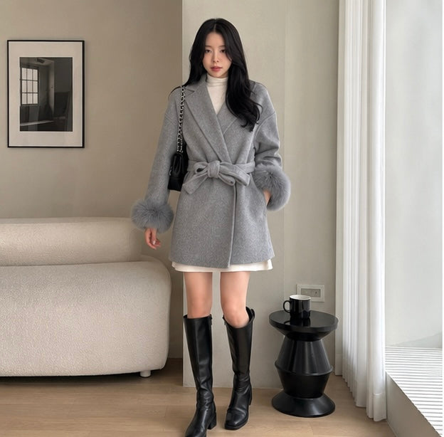 Women’s Wool Blend Lapel Coat – Chic Single Breasted Lace Up Jacket for High Street Fashion and Everyday Elegance