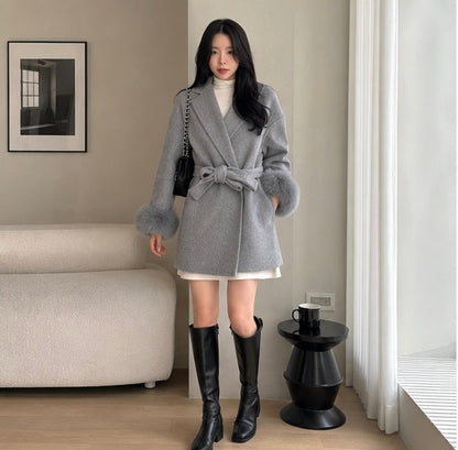 Women’s Wool Blend Lapel Coat – Chic Single Breasted Lace Up Jacket for High Street Fashion and Everyday Elegance