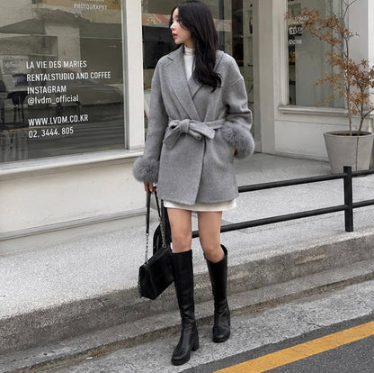 Women’s Wool Blend Lapel Coat – Chic Single Breasted Lace Up Jacket for High Street Fashion and Everyday Elegance