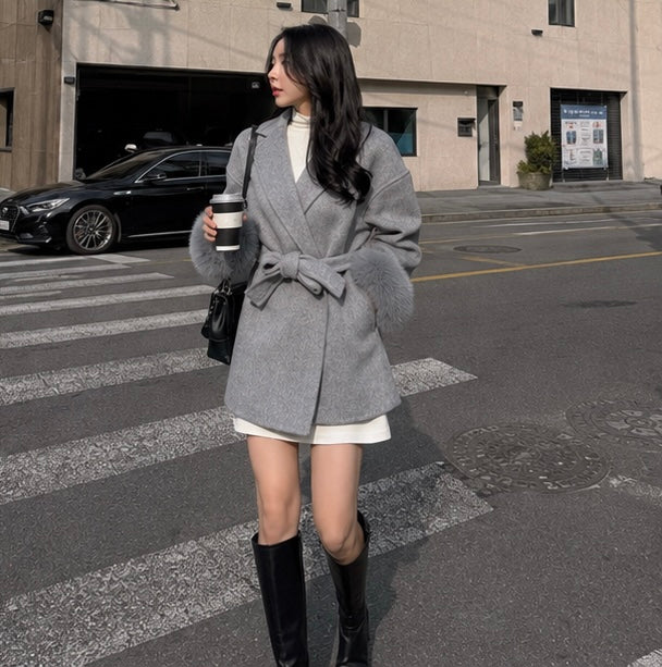 Women’s Wool Blend Lapel Coat – Chic Single Breasted Lace Up Jacket for High Street Fashion and Everyday Elegance