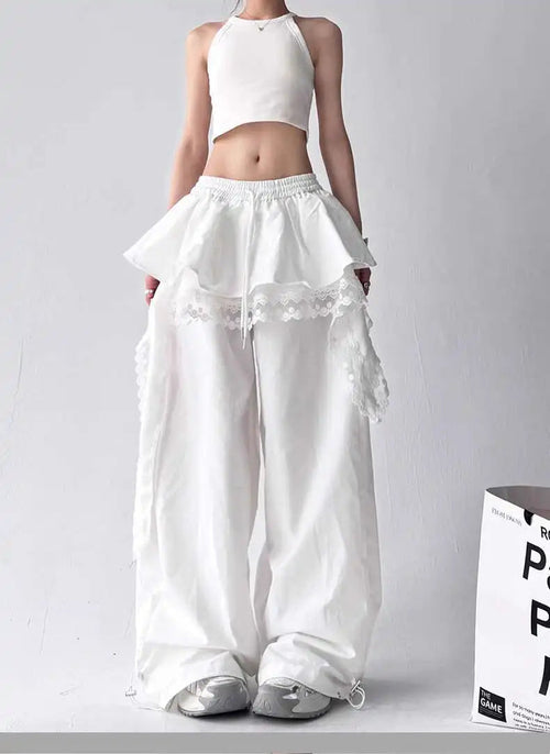 Black Cargo Pants - Lace Patchwork Wide Leg Streetwear Trousers for Women, Harajuku Fashion and Korean Gyaru Style