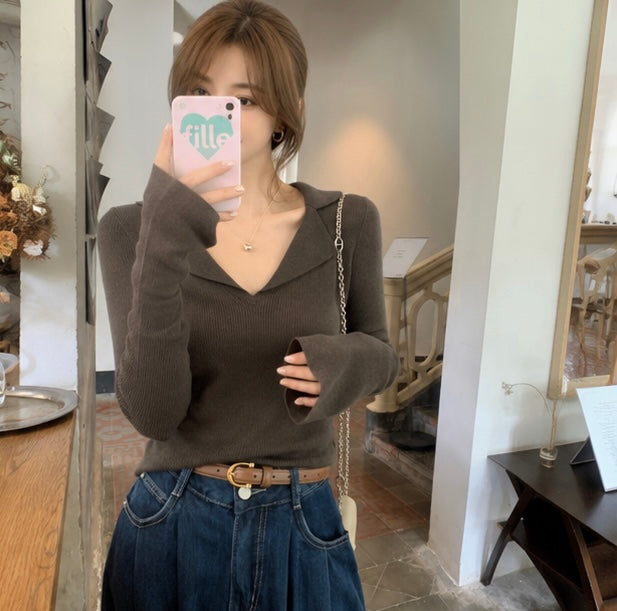 Women’s Knitted Long Sleeve Shirt – Casual Fashion Sweater Top with Modern Minimalist Design for Everyday Spring Style