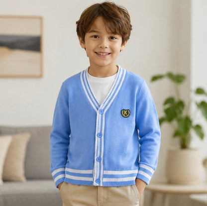 Kids Striped Knit Cardigan - Cotton V-Neck Sweater Coat for Boys and Teenagers, Preppy Style Everyday Outerwear