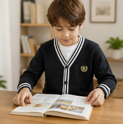 Kids Striped Knit Cardigan - Cotton V-Neck Sweater Coat for Boys and Teenagers, Preppy Style Everyday Outerwear