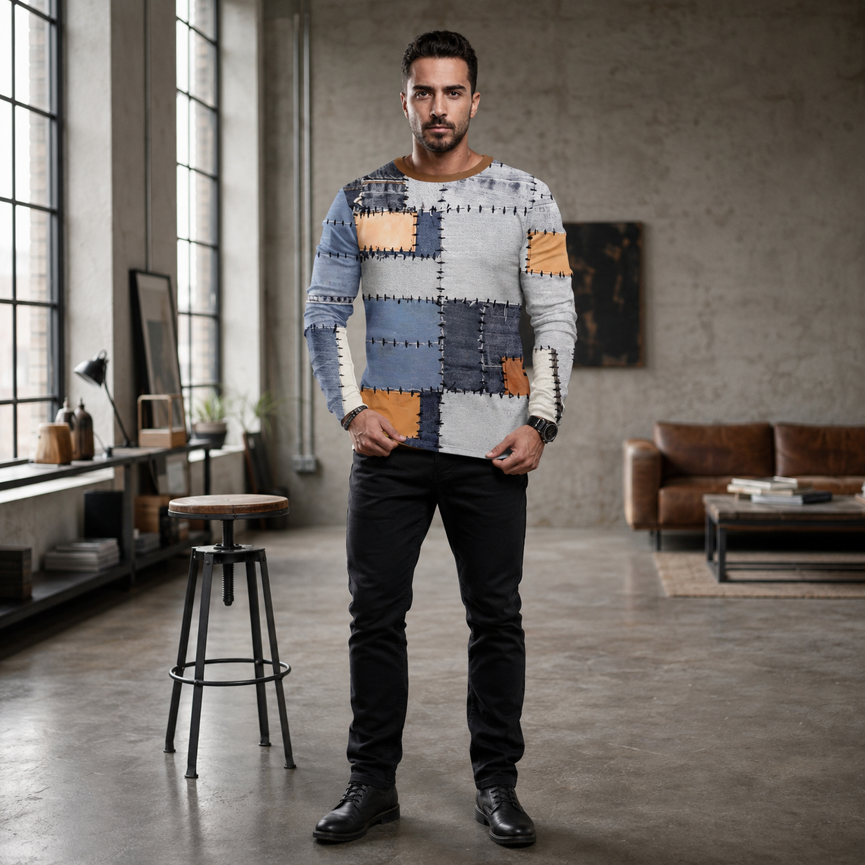 Men's Patchwork Denim Shirt - Vintage Inspired Long Sleeve Button Top with Stylish Grid Print Design