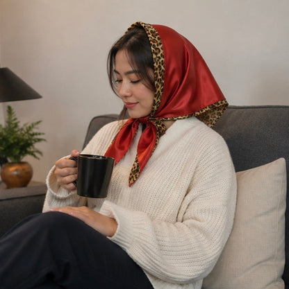Double Sided Leopard Print Head Scarf – PU Leather Triangle Hijab for Women with Elegant Fashionable Everyday Styling
