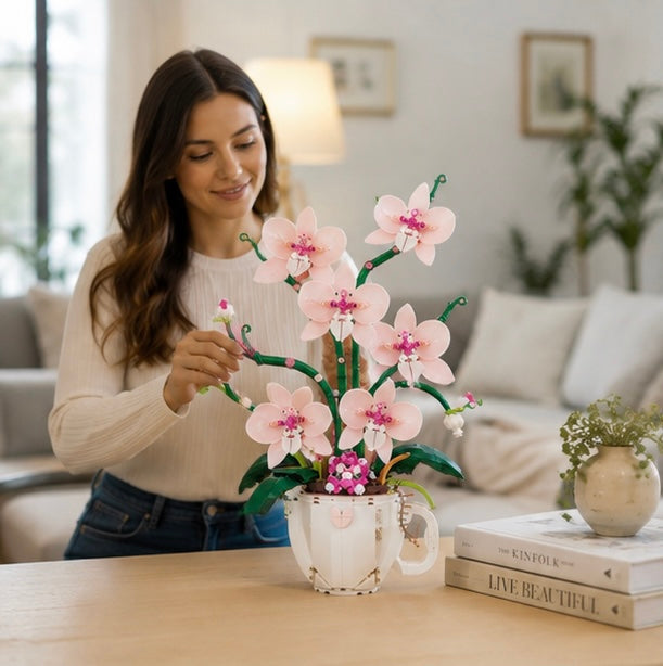 Orchid Coffee Cup Building Blocks – DIY Flower Brick Decoration for Home Desk Display and Creative Gift Giving
