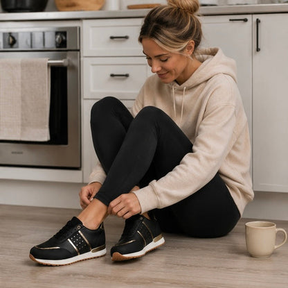 Women's Platform Sneakers - Leather Patchwork Casual Running Shoes with Elevated Sole and Stylish Everyday Comfort