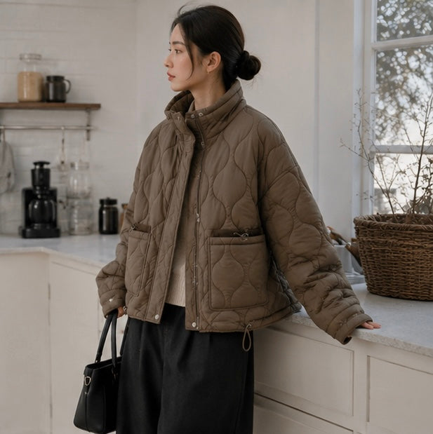 Women’s Quilted Drawstring Jacket – High Neck Cotton Padded Coat with Pockets for Casual Autumn Winter Layering Style