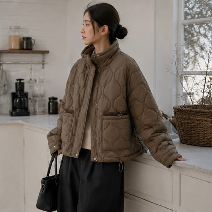 Women’s Quilted Drawstring Jacket – High Neck Cotton Padded Coat with Pockets for Casual Autumn Winter Layering Style