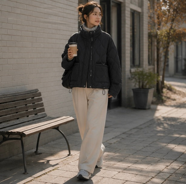 Women’s Quilted Drawstring Jacket – High Neck Cotton Padded Coat with Pockets for Casual Autumn Winter Layering Style
